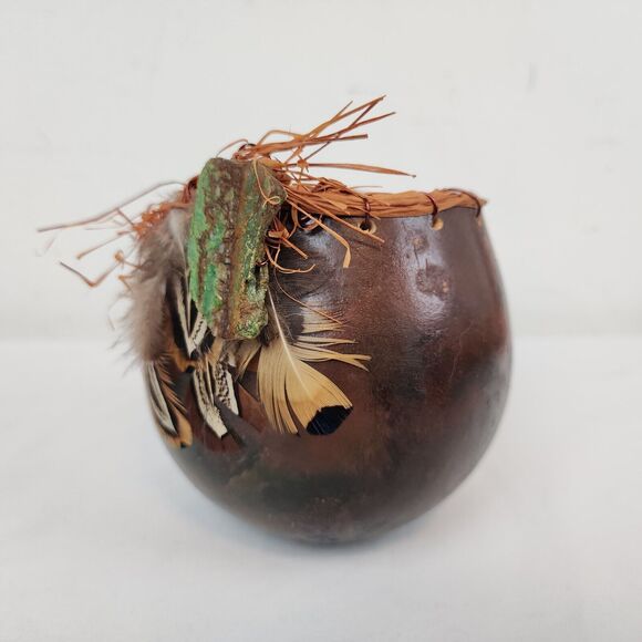 Hand Painted Gourd Bowl Handmade Art Feathers Agate Signed Brown Green - Picture 11 of 11